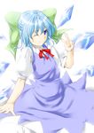  blue_eyes blue_hair bow bowtie cirno dress highres ice ice_wings niwatazumi one_eye_closed short_hair smile solo touhou v wings 