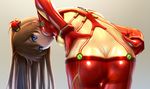  ass bent_over blue_eyes bodysuit brown_hair hair_ornament hands_on_hips highres long_hair looking_at_viewer multicolored multicolored_bodysuit multicolored_clothes neon_genesis_evangelion orange_bodysuit plugsuit red_bodysuit see-through shikinami_asuka_langley siraha solo souryuu_asuka_langley test_plugsuit 