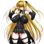  blonde_hair blush breasts cosplay erect_nipples glasses green_eyes huge_breasts inagaki konjiki_no_yami konjiki_no_yami_(cosplay) leg_strap leg_straps long_hair panties peace_sign sweat tearju_lunatique to_love-ru underwear v 