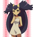  arm_behind_back bare_shoulders big_hair brown_eyes dress frown hair_ornament highres iris_(pokemon) long_hair meiji pokemon purple_hair solo standing 