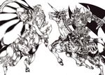  armor cape centaur constellar_omega duel_monster evilswarm_thanatos helmet highres horse monochrome no_humans spikes sword unicorn weapon wings yuu-gi-ou 