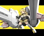  1girl beret blonde_hair breasts crossover detached_sleeves drill_hair dual_wielding gundam hat letterbox letterboxed ma_meteor magical_girl mahou_shoujo_madoka_magica mecha_musume skirt solo spread_legs tiro_finale tomoe_mami trauma_breaker twin_drills yellow_background yellow_eyes zinger_(excess_m) zzinzinz 