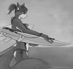  ami bikini body_markings bracelet breasts clothed clothing cute female greyscale hair_clips hairclip jewelry leash long_tail mammal markings monochrome oonami ponytail rodent side-tie_bikini side-tie_panties simple_background skimpy solo squirrel surf_board surfboard swimsuit tight_clothing 