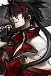  absurdres black_hair capelet early_type forehead_protector gloves guilty_gear highres long_hair male_focus order-sol over_shoulder ponytail sol_badguy solo sword sword_over_shoulder weapon weapon_over_shoulder 