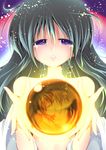  1girl black_hair blue_eyes blush closed_eyes enjoy_mix kiss long_hair orb original tears topless 