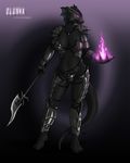  4_toes armor black_scales breasts claws clothed clothing female gauntlets glowing glowing_eyes invalid_tag lizard magic necklace netherwulf olonia plain_background polearm purple_eyes reptile scalie skimpy solo standing unconvincing_armor warrior weapon 