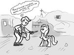  cutie_mark duo english_text equine fallout female feral fluttershy_(mlp) friendship_is_magic horse human male mammal monochrome my_little_pony outside pegasus pony text ulyanovetz vault_boy wings 