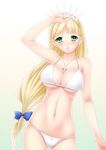  arm_up between_breasts bikini blonde_hair blush bow breasts clalaclan_philias collarbone cross cross_necklace earrings gradient gradient_background green_eyes hair_bow highres jewelry large_breasts lintanghaseo long_hair looking_at_viewer navel necklace parted_lips shining_(series) shining_wind shiny shiny_skin skindentation solo strap_gap swimsuit thigh_gap tiara very_long_hair white_bikini 