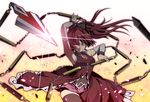  arm_up armpits bare_shoulders black_legwear bow detached_sleeves glint gradient gradient_background hair_bow highres holding long_hair magical_girl mahou_shoujo_madoka_magica outline outstretched_arm red_eyes red_hair sakura_kyouko skirt solo thighhighs uousa-ou weapon 
