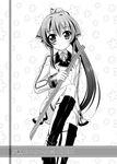  boots cosplay endori greyscale infinite_stratos long_hair monochrome ponytail ribbon skirt solo sugiura_ayano sword uniform weapon yuru_yuri 