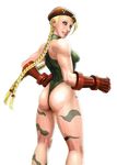  antenna_hair ass bare_shoulders blonde_hair blue_eyes blue_skin braid cammy_white camouflage elbow_gloves fingerless_gloves gloves highres leotard lips long_hair looking_back monkeybeard muscle nose realistic solo street_fighter thong_leotard transparent_background twin_braids 