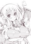  blush breasts commentary_request head_wings heart koakuma large_breasts long_hair monochrome oohira_sunset pointy_ears sketch smile solo sweat touhou wings 
