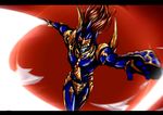  armor black_luster_soldier black_luster_soldier_envoy_of_the_beginning blue_eyes calpish duel_monster highres letterboxed long_hair male_focus over_shoulder red_hair shield solo sword weapon yuu-gi-ou yuu-gi-ou_duel_monsters 