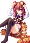  ;d argyle argyle_sweater_vest black_legwear blush cassini_m_bisuko cat doughnut food holding long_hair looking_at_viewer one_eye_closed open_mouth original purple_eyes revision sitting smile solo syroh thighhighs 