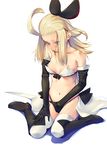  bare_shoulders black_gloves black_panties blonde_hair blue_eyes blush boots bow bravely_default:_flying_fairy bravely_default_(series) breasts breasts_outside collarbone edea_lee elbow_gloves g-string gloves hair_bow hair_ribbon hand_in_panties kirishima_satoshi knee_boots masturbation navel nipples panties ribbon sitting small_breasts solo thighhighs thong underwear wariza white_legwear 