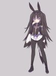  1girl animal_ears bangs black_hair black_jacket black_legwear blade_(galaxist) brown_hair bunny_ears commentary_request eyebrows_visible_through_hair finger_to_mouth grey_background jacket long_hair long_sleeves pantyhose pleated_skirt pop-up_story purple_eyes sandals school_uniform shizuka_himekami skirt sleeves_past_wrists solo st._feles_gakuen_uniform standing two_side_up very_long_hair white_skirt 