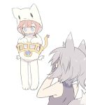  2girls animal_costume animal_ears blade_(galaxist) blue_eyes cat_costume cosplay farfalia from_behind lion_girl lion_tail multiple_girls open_mouth pink_hair pop-up_story rita_drake shiroe_adele shiroe_adele_(cosplay) smile tail wolf_ears wolf_girl wolf_tail 