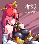  2012 bare_shoulders blazblue blazblue:_chronophantasma breasts dated detached_sleeves hair_ornament hair_tubes halterneck izayoi_(blazblue) junkpuyo large_breasts leaning_back long_hair ponytail red_hair solo upper_body yellow_eyes 