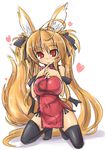  animal_ears black_legwear blonde_hair breast_squeeze breasts brown_eyes china_dress chinese_clothes dragon_print dress finger_to_mouth fox_ears fox_tail hair_ribbon heart kneeling kuu_(endou_chihiro) large_breasts long_hair original red_dress ribbon sasamashin short_dress side_slit smile solo tail thighhighs twintails very_long_hair zettai_ryouiki 