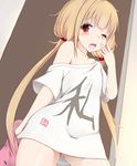  ass_visible_through_thighs bare_shoulders blonde_hair blush clothes_writing futaba_anzu idolmaster idolmaster_cinderella_girls long_hair off_shoulder one_eye_closed open_mouth ratsuku_kinoko red_eyes shirt solo stuffed_animal stuffed_bunny stuffed_toy t-shirt twintails yawning 