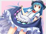  &gt;:) blue_hair blush bow bug_(artist) dress dress_lift food fruit hat hinanawi_tenshi long_hair peach pink_background red_eyes smile solo touhou v-shaped_eyebrows 