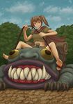  animal barefoot brown_eyes brown_hair cape feet happy midriff monster original rags riding short_twintails smile soles spinlock teeth tied_hair toes torn_clothes twintails 