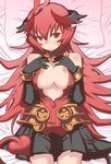  bare_shoulders blush bracelet breasts demon_girl elbow_gloves gloves highres horns jewelry large_breasts long_hair lying maou_beluzel matsuda_yuusuke messy_hair miniskirt nipples on_back red_eyes red_hair skirt solo sweatdrop very_long_hair yuusha_to_maou 