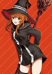  :d angela_(arisaka_ako) arisaka_ako bad_id bad_pixiv_id black_legwear broom brown_eyes brown_hair hat holding long_hair looking_at_viewer open_mouth orange_eyes orange_hair original smile solo thighhighs witch witch_hat 