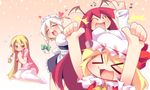  &gt;_&lt; :3 apron arm_up arms_up bad_id bad_pixiv_id blonde_hair blue_dress blush braid closed_eyes cosplay dress flandre_scarlet flying_sweatdrops hair_ribbon hat hat_ribbon head_wings heart izayoi_sakuya kirisame_marisa koakuma long_hair long_sleeves maid maid_headdress multiple_girls musical_note nurse open_mouth pantyhose pink_dress pink_legwear puffy_sleeves red_hair ribbon short_hair short_sleeves silver_hair sitting smile thumbs_up touhou ushi very_long_hair waist_apron yellow_eyes 