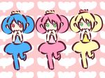  beatmania beatmania_iidx blonde_hair blue_hair blue_skirt chibi crown double_bun flat_color green_eyes hand_to_own_mouth multiple_girls mumu_(spitfire) pink_hair pink_skirt red_eyes skirt smooooch yellow_skirt 