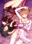  black_hair breasts brown_eyes brown_hair dead_or_alive elbow_gloves gloves japanese_clothes kasumi_(doa) kimono kokoro_(doa) large_breasts looking_at_viewer lying mikii multiple_girls on_back panties pelvic_curtain petals ponytail thighhighs underwear white_legwear 