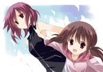  blush brown_hair miyanaga_saki miyanaga_teru multiple_girls red_hair saki sasaki_mutsumi short_hair siblings sisters sleeveless smile twintails windbreaker younger 