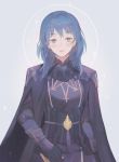  1girl absurdres armor black_armor black_gloves blue_eyes blue_hair byleth cape fire_emblem fire_emblem:_fuukasetsugetsu gloves highres long_hair nintendo parted_lips shinyshynii simple_background solo upper_body 