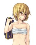  bad_id bad_pixiv_id bangs bare_shoulders blonde_hair blue_jacket blush breasts collarbone covered_nipples earrings embarrassed eyebrows_visible_through_hair genderswap genderswap_(mtf) hair_between_eyes hand_up holding holding_jacket hunter_x_hunter jacket jacket_removed jewelry kurapika long_sleeves looking_away looking_to_the_side navel nose_blush orange_eyes over_shoulder parted_lips sarashi short_hair simple_background small_breasts solo tsukimiso_(kinakonatto) underboob white_background 