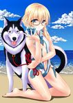  absurdres adele_balfetto bad_id bad_pixiv_id beach blonde_hair blue_eyes cloud day dog drink glasses highres kneeling kyoukaisenjou_no_horizon long_hair mizutsuki_rei navel ocean outdoors sky smile swimsuit 