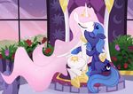  absurd_res chair crown cuddling cute cutie_mark duo equine eyes_closed female feral flower friendship_is_magic gold hair hi_res horn hug junglepony mammal moon my_little_pony necklace pink_hair princess princess_celestia_(mlp) princess_luna_(mlp) rose royalty sibling siblings sisters sitting sparkles star sun window winged_unicorn wings young 