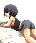  ass bed black_eyes black_hair blue_eyes breasts handheld_game_console medium_breasts minami-ke minami_touma nipple_slip nipples open_mouth playstation_portable revision short_hair shorts sideboob solo tank_top tokyo_(great_akuta) 