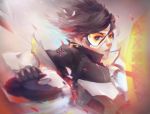  1girl asevc bangs black_gloves bomber_jacket brown_hair brown_jacket gloves goggles highres jacket lips overwatch parted_lips solo swept_bangs tracer_(overwatch) union_jack 