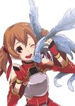  bare_shoulders blush breastplate brown_hair detached_sleeves dragon fingerless_gloves gloves kurusu_tatsuya one_eye_closed pina_(sao) red_eyes short_twintails silica smile sword_art_online twintails wings 