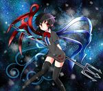  arms_behind_back asymmetrical_wings bad_id bad_pixiv_id black_hair black_legwear blush bow dress highres houjuu_nue night night_sky pointy_ears polearm red_eyes short_hair short_sleeves sky smile snake solo star thighhighs touhou trident weapon wings yuiyuimoe zettai_ryouiki 