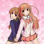  achiga_school_uniform atarashi_ako back-to-back blush bottomless brown_eyes brown_hair cardigan derivative_work highres holding_hands jacket long_hair long_sleeves misogi_(misogi1341) multiple_girls naked_track_jacket no_panties no_pants ponytail ribbon saki saki_achiga-hen smile takakamo_shizuno track_jacket 