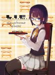  black_legwear blue_eyes chair cover cover_page glasses holding looking_at_viewer original ribbon shirabi short_hair sitting skirt solo thighhighs 