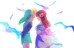  1girl arms_behind_back bird blonde_hair blue_dress brown_hair closed_eyes dress facing_another flower green_hat hair_flower hair_ornament hand_on_own_chest hat jewelry link long_hair marin_(the_legend_of_zelda) necklace osakana_(oishiiosakana) pointy_ears profile seagull standing the_legend_of_zelda the_legend_of_zelda:_link's_awakening tunic 