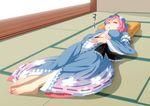  :o =_= barefoot blue_kimono blush breasts feet floral_print frilled_kimono frills hat iromeki_overdrive japanese_clothes kimono lying medium_breasts on_back pink_hair saigyouji_yuyuko short_hair sleeping solo tatami toes touhou triangular_headpiece 