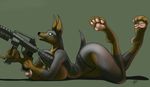  big_breasts breasts camo canine digitigrade doberman dog female foot_focus green_eyes gum hindpaw huge_breasts legs_up lying mammal military nude on_front paws soles solo toes zp92 