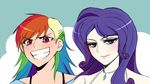  &gt;:) banned_artist blue_eyes eyelashes face gem grin highres jewelry multicolored_hair multiple_girls my_little_pony my_little_pony_friendship_is_magic necklace personification purple_eyes purple_hair rainbow_dash rainbow_hair rarity reef smile v-shaped_eyebrows 