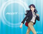  abstract_background bag blouse blue_background brown_eyes copyright_name cross cross_necklace evangelion:_3.0_you_can_(not)_redo frilled_shirt frills jacket jewelry katsuragi_misato looking_away marui_(company) necklace neon_genesis_evangelion official_art pants pendant promotional_art purple_hair rebuild_of_evangelion shirt shoulder_bag solo walking wallpaper white_shirt 
