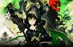  black_hair black_rock_shooter black_rock_shooter_arcana green_eyes horns huke skull takanashi_yomi twin_drills 