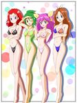  bikini blue_eyes brown_eyes brown_hair green_hair hanasaki_momoko highleg highleg_bikini highleg_swimsuit highres kinfuji lipstick_mark long_hair multiple_girls one-piece_swimsuit one_eye_closed pink_hair red_hair scarlet_ohara short_hair swimsuit tamano_hinagiku tanima_yuri union_jack wedding_peach 