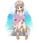  atelier_(series) atelier_totori bare_shoulders boots brown_hair frills grey_eyes hat kanikama looking_at_viewer pink_footwear revision sitting smile solo strap_slip totooria_helmold 